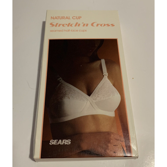 Vintage Sears half lace natural cup bra White 34B Stretch n Cross wireless NEW - Picture 1 of 4